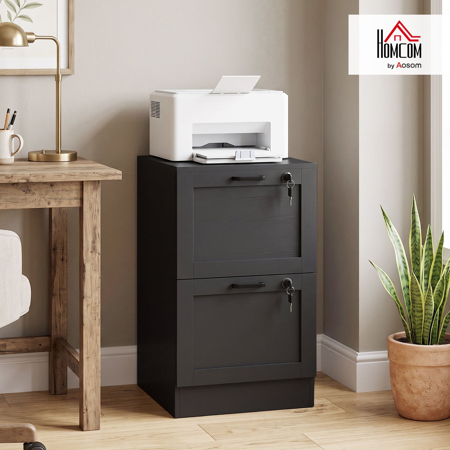 2-Drawer File Cabinet, Lockable Filing Cabinet for A4 Letter, Black