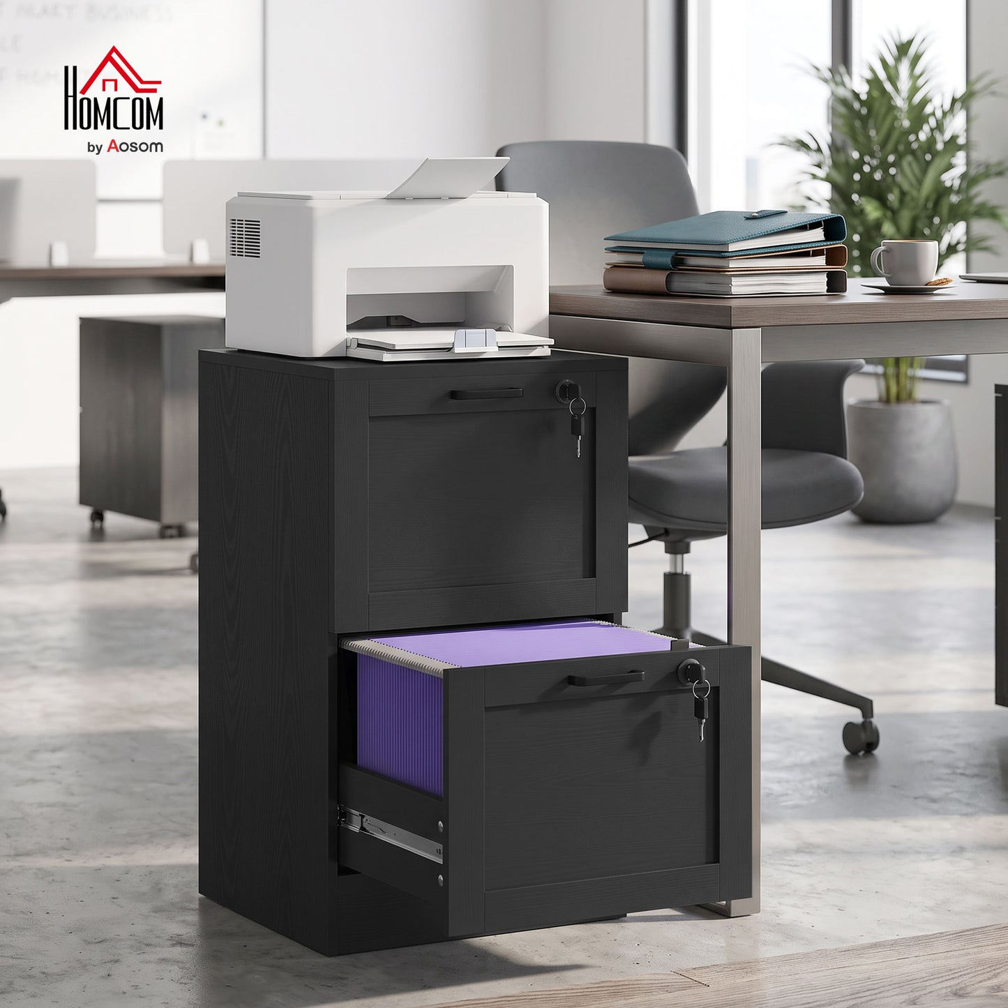 2-Drawer File Cabinet, Lockable Filing Cabinet for A4 Letter, Black