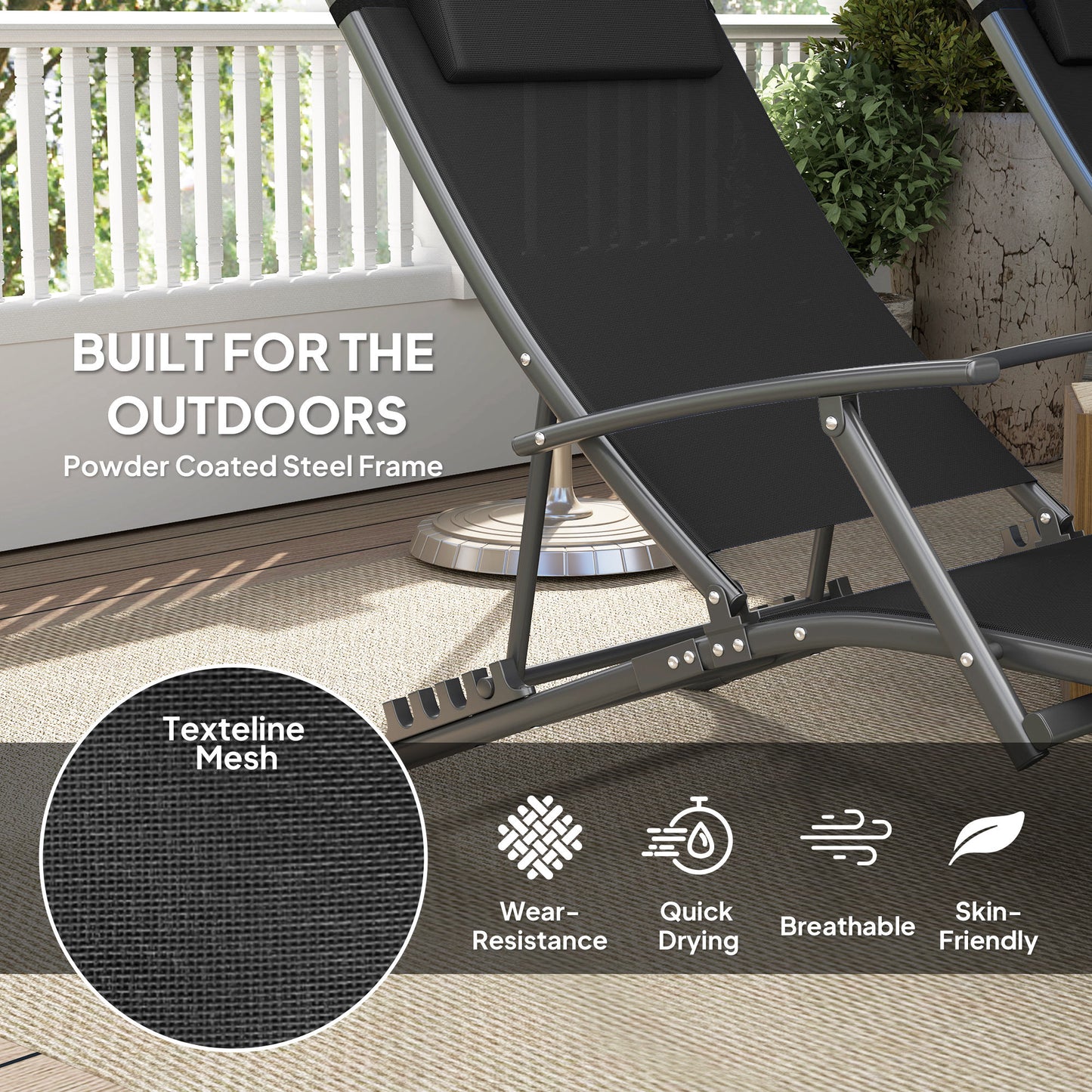 Set of 2 Garden Sun Loungers, Folding Chaise Lounge Chairs, Black