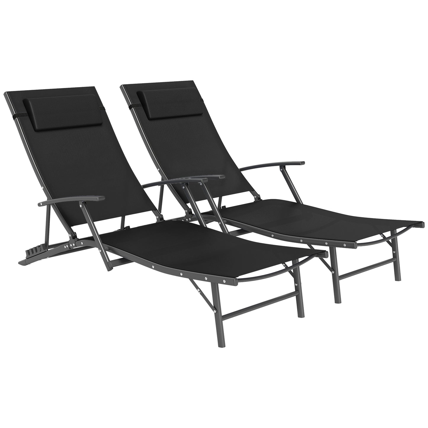 Set of 2 Garden Sun Loungers, Folding Chaise Lounge Chairs, Black