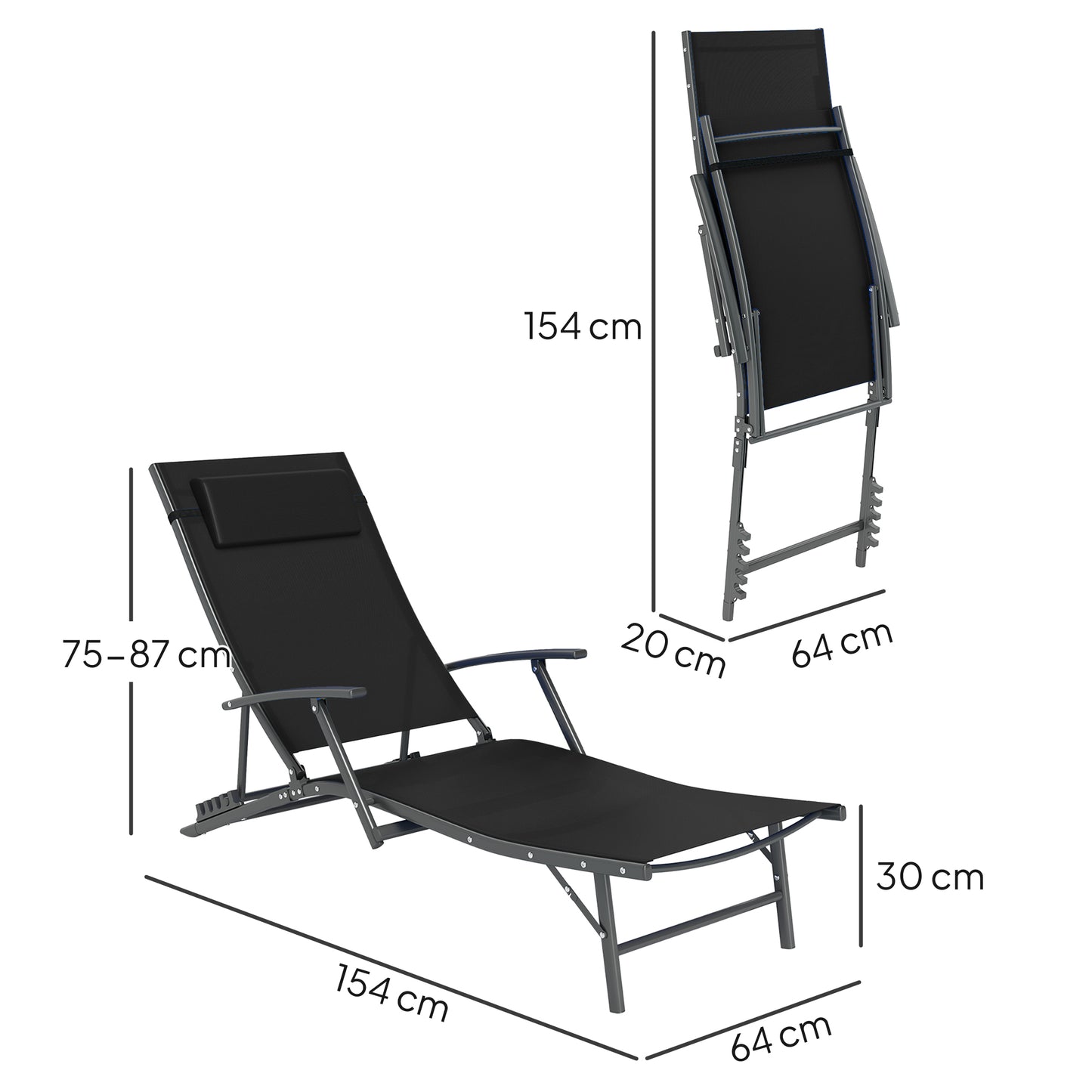 Set of 2 Garden Sun Loungers, Folding Chaise Lounge Chairs, Black