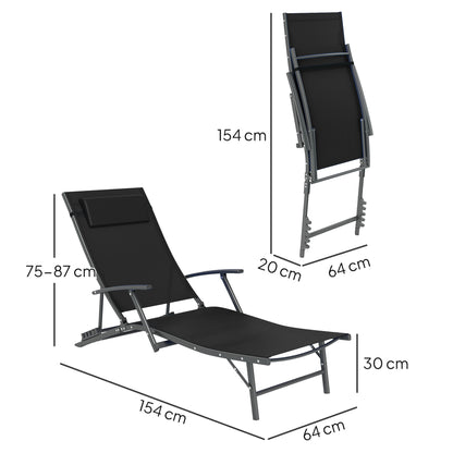 Set of 2 Garden Sun Loungers, Folding Chaise Lounge Chairs, Black