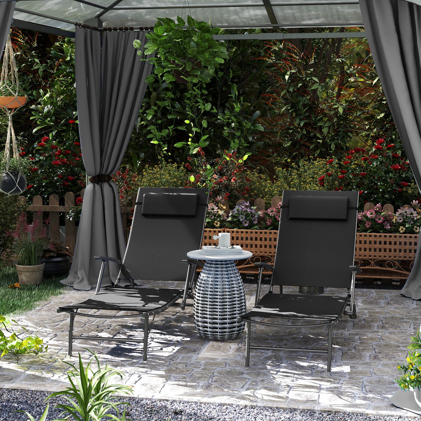 Set of 2 Garden Sun Loungers, Folding Chaise Lounge Chairs, Black