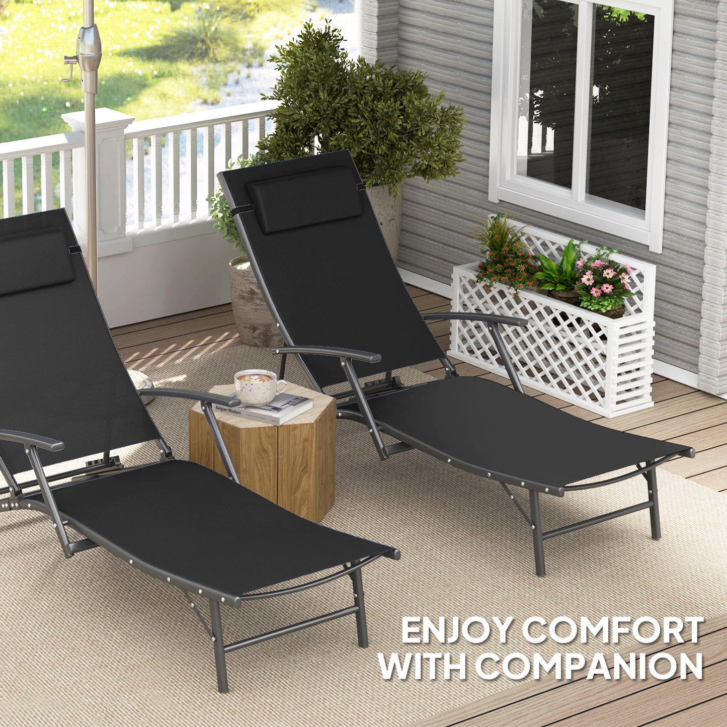 Set of 2 Garden Sun Loungers, Folding Chaise Lounge Chairs, Black