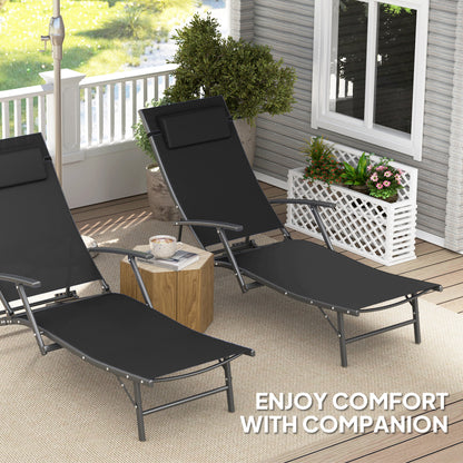 Set of 2 Garden Sun Loungers, Folding Chaise Lounge Chairs, Black