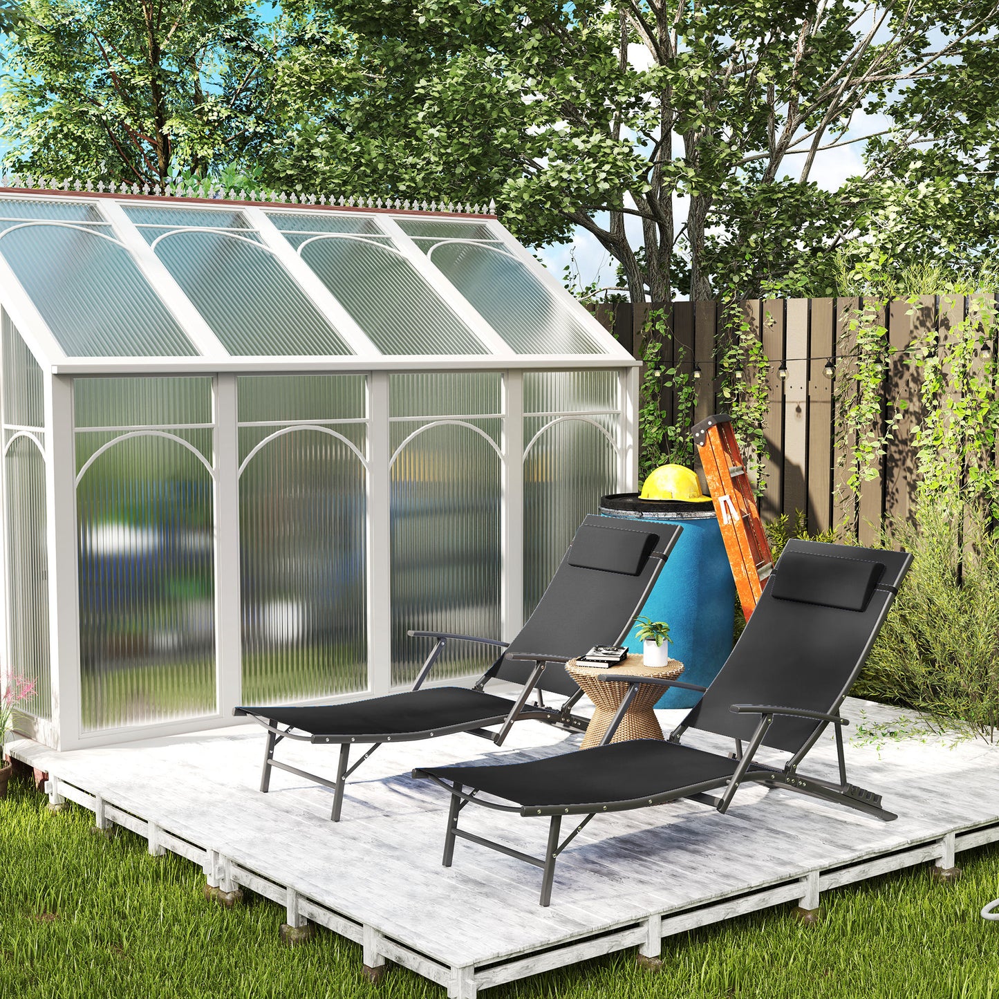 Set of 2 Garden Sun Loungers, Folding Chaise Lounge Chairs, Black