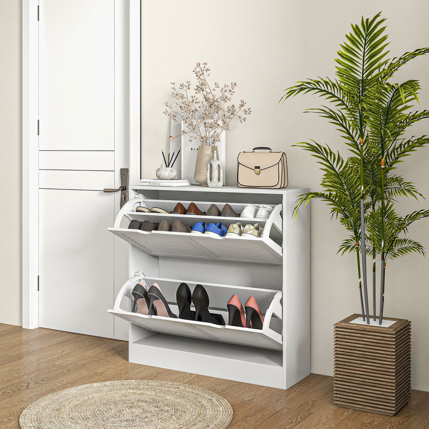 Slim Shoe Storage Cabinet with 2 Flip Drawers for Entryway, White