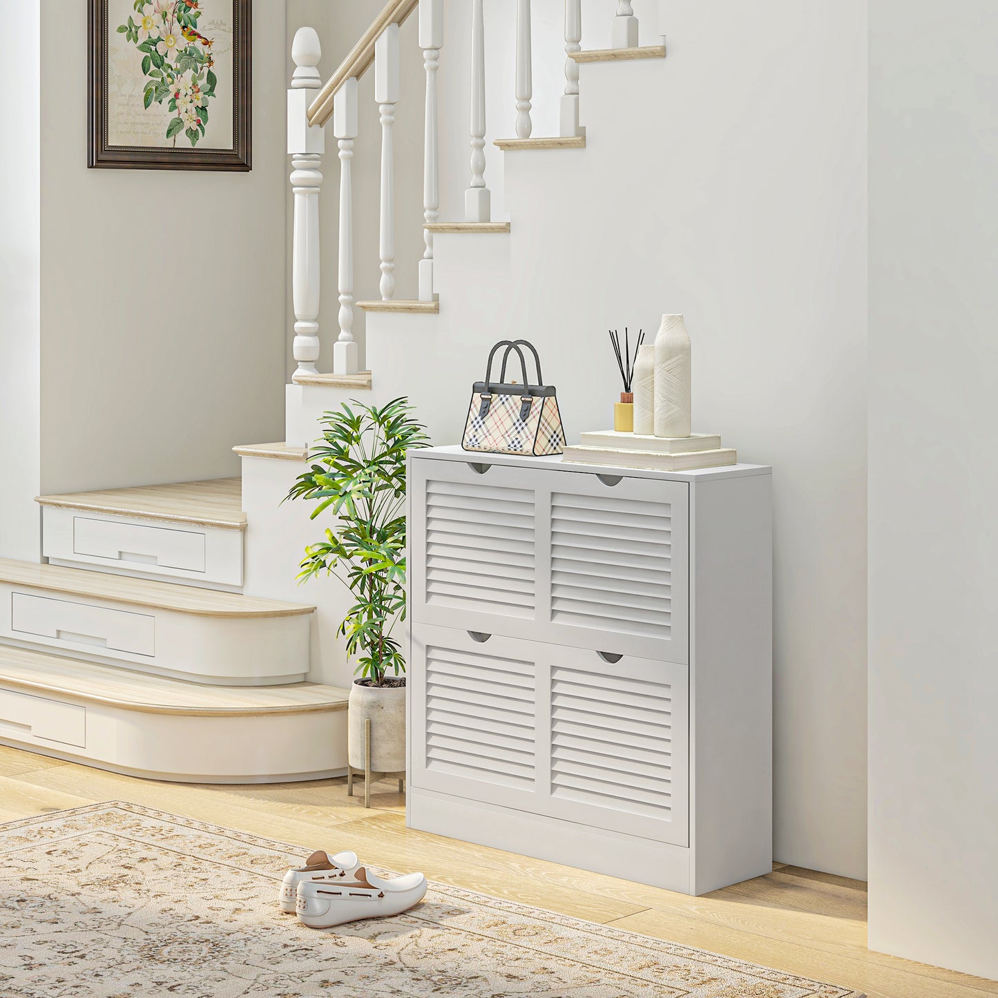 Slim Shoe Storage Cabinet with 2 Flip Drawers for Entryway, White