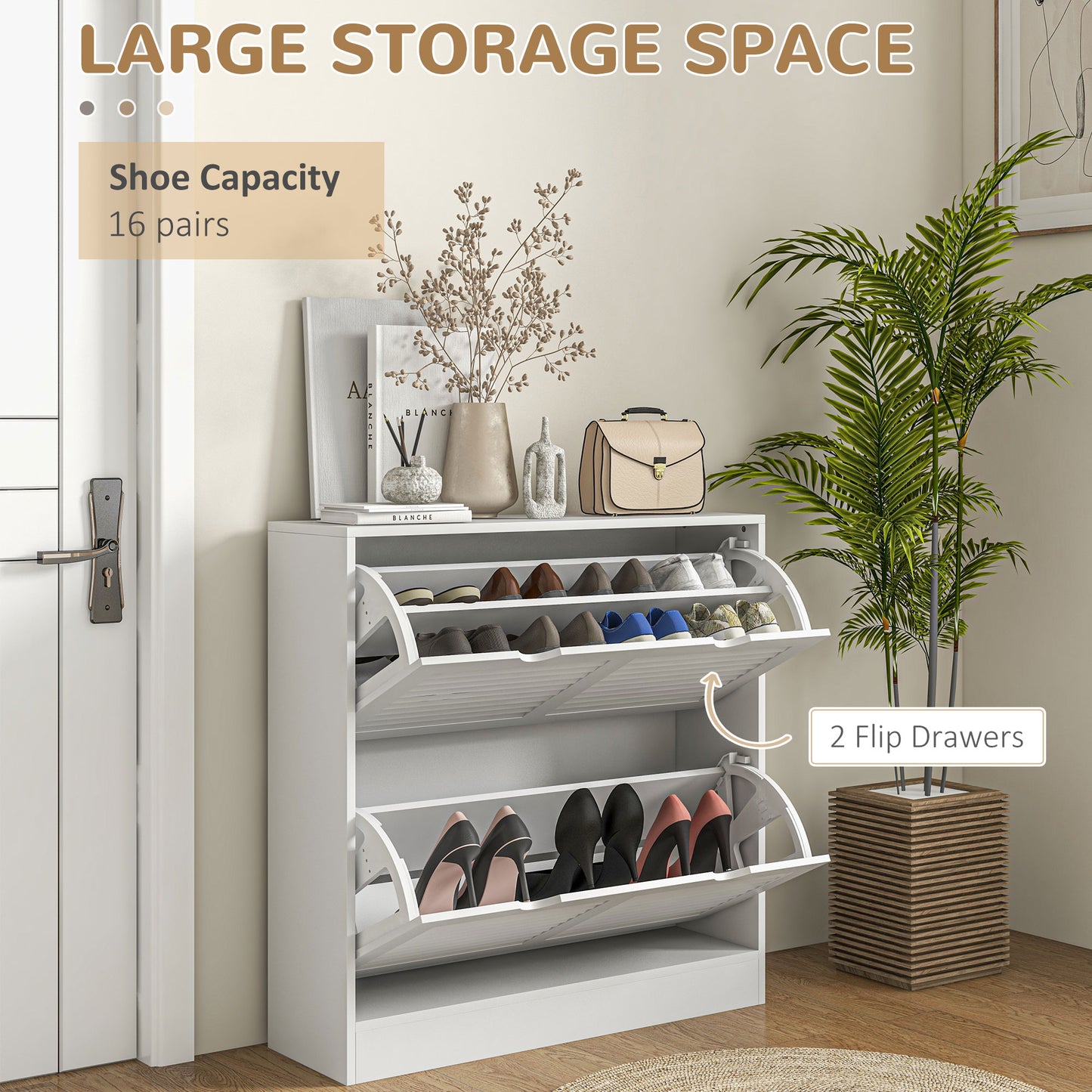 Slim Shoe Storage Cabinet with 2 Flip Drawers for Entryway, White