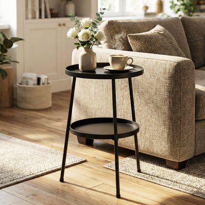 Patio Side Table, 2-Tier Round Coffee End Table, Black