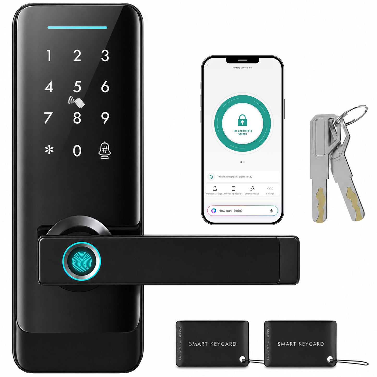 Smart Door Lock, Fingerprint/Passcode/APP/NFC/Key, Doorbell