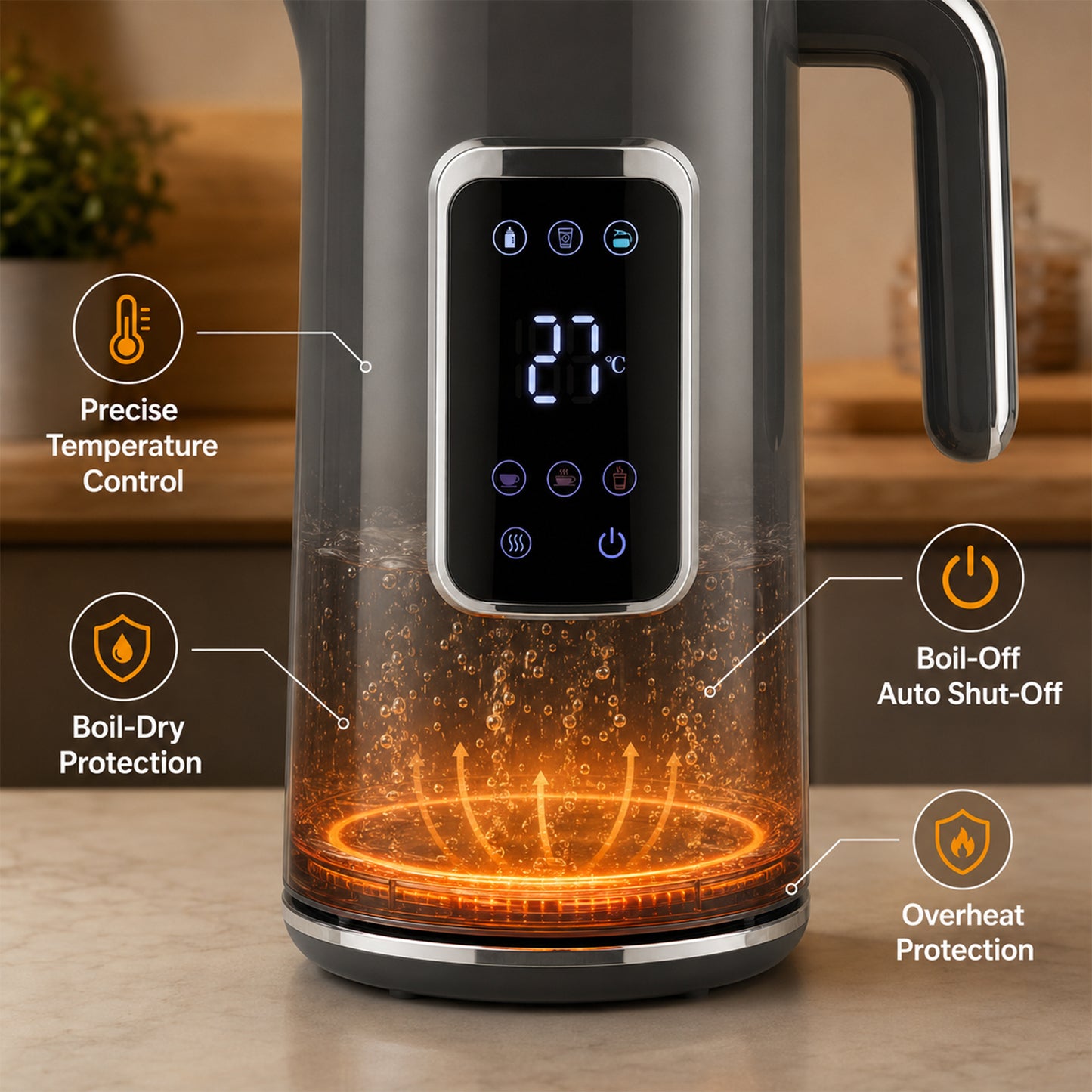 1.7L Fast Boil 3000W Electric Kettle with LED Display, Grey