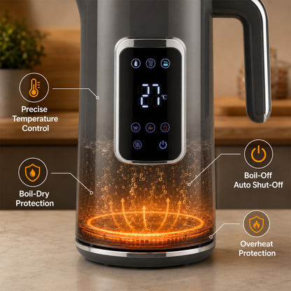 1.7L Fast Boil 3000W Electric Kettle with LED Display, Grey
