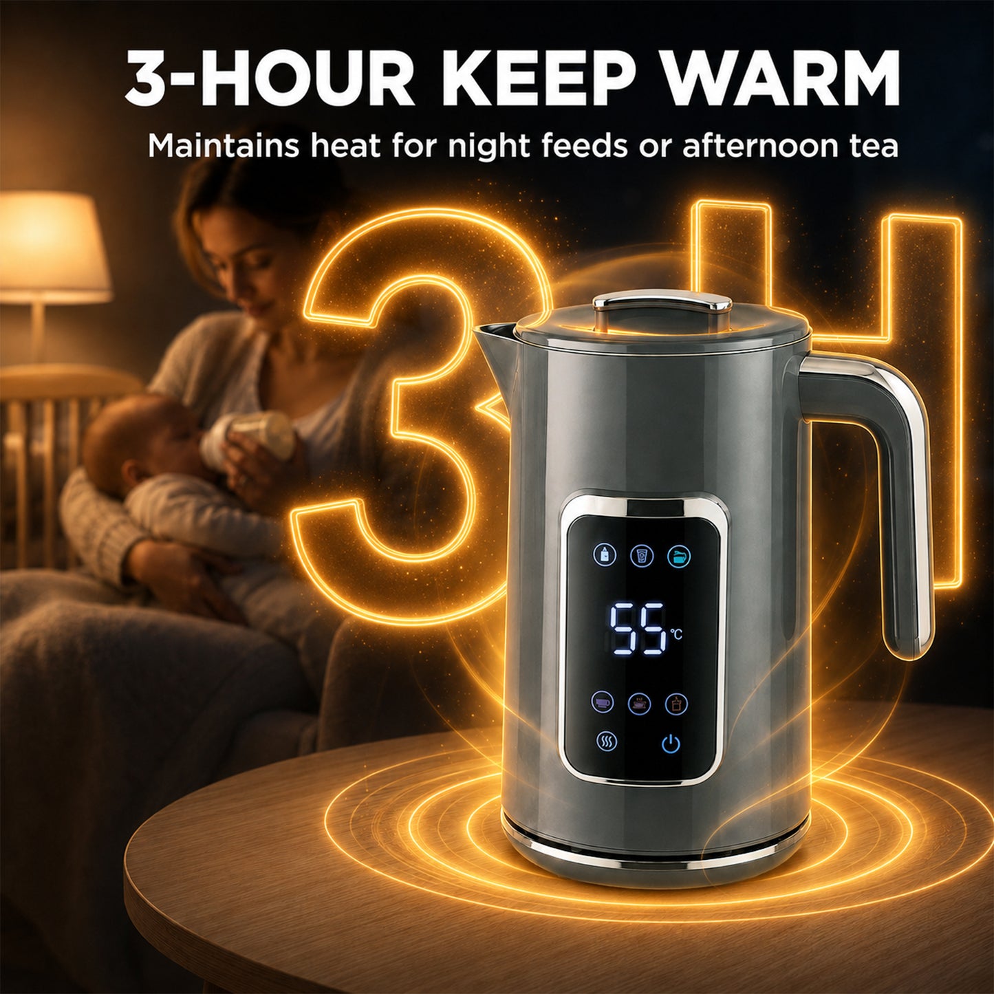 1.7L Fast Boil 3000W Electric Kettle with LED Display, Grey