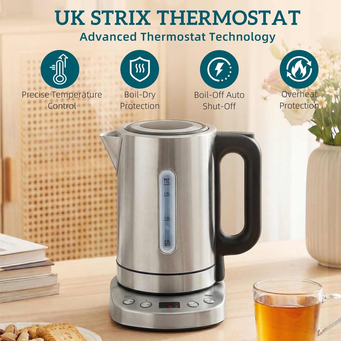 Electric Kettle, 1.7L Fast Boil, 3kW Water Kettle with Strix Thermost