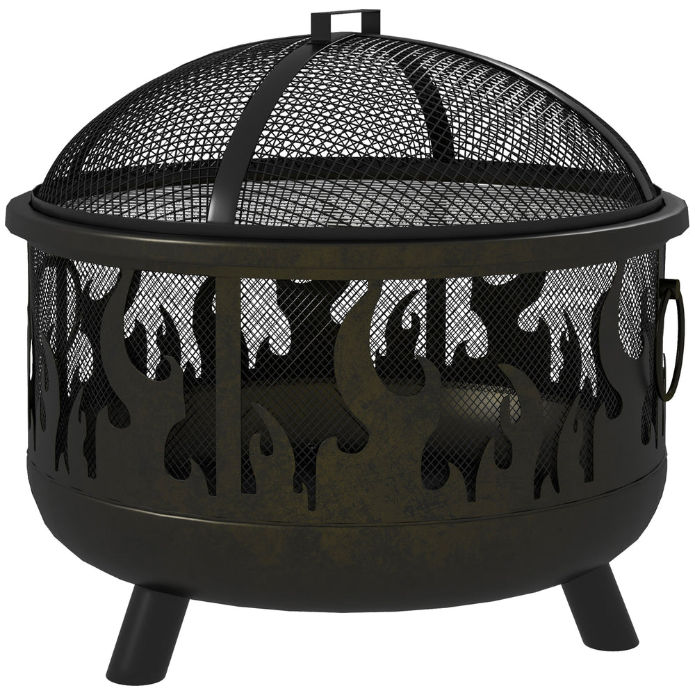 Metal Firepit Bowl Outdoor 2-In-1 Round Fire Pit w/ Lid, Grill, Poker, Handles, Camping, BBQ, Bonfire, Wood Burning Stove, 61.5 x