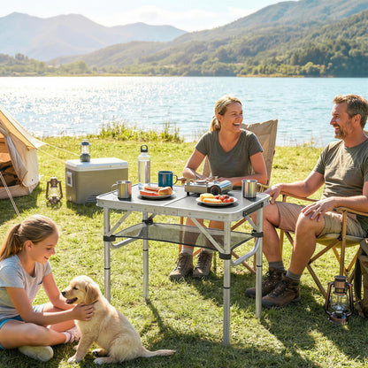 2ft Folding Camping Table, Picnic Table with Storage Layer, Black