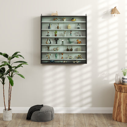 7-Tier Wall Display Cabinet w/ Shelves Glass Doors, Black and White