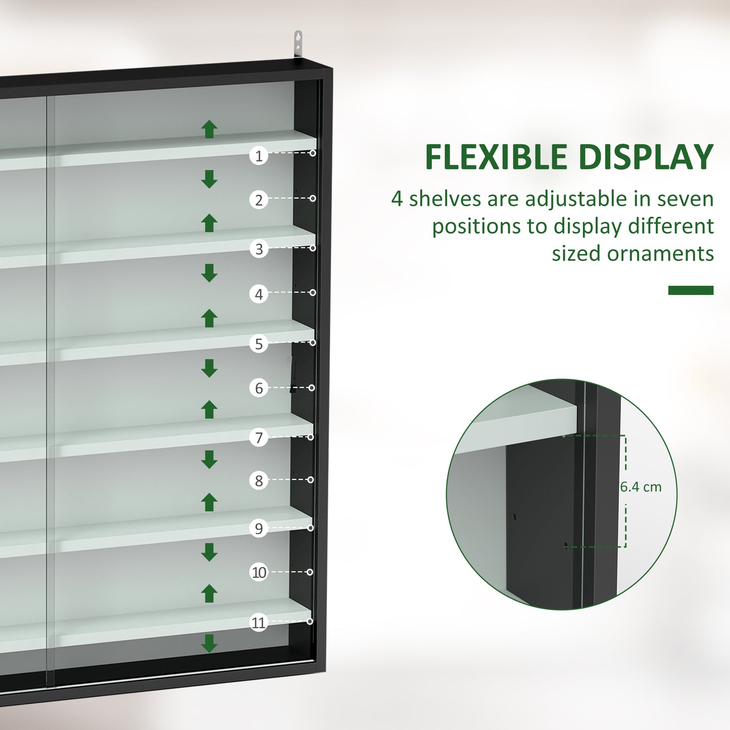 7-Tier Wall Display Cabinet w/ Shelves Glass Doors, Black and White