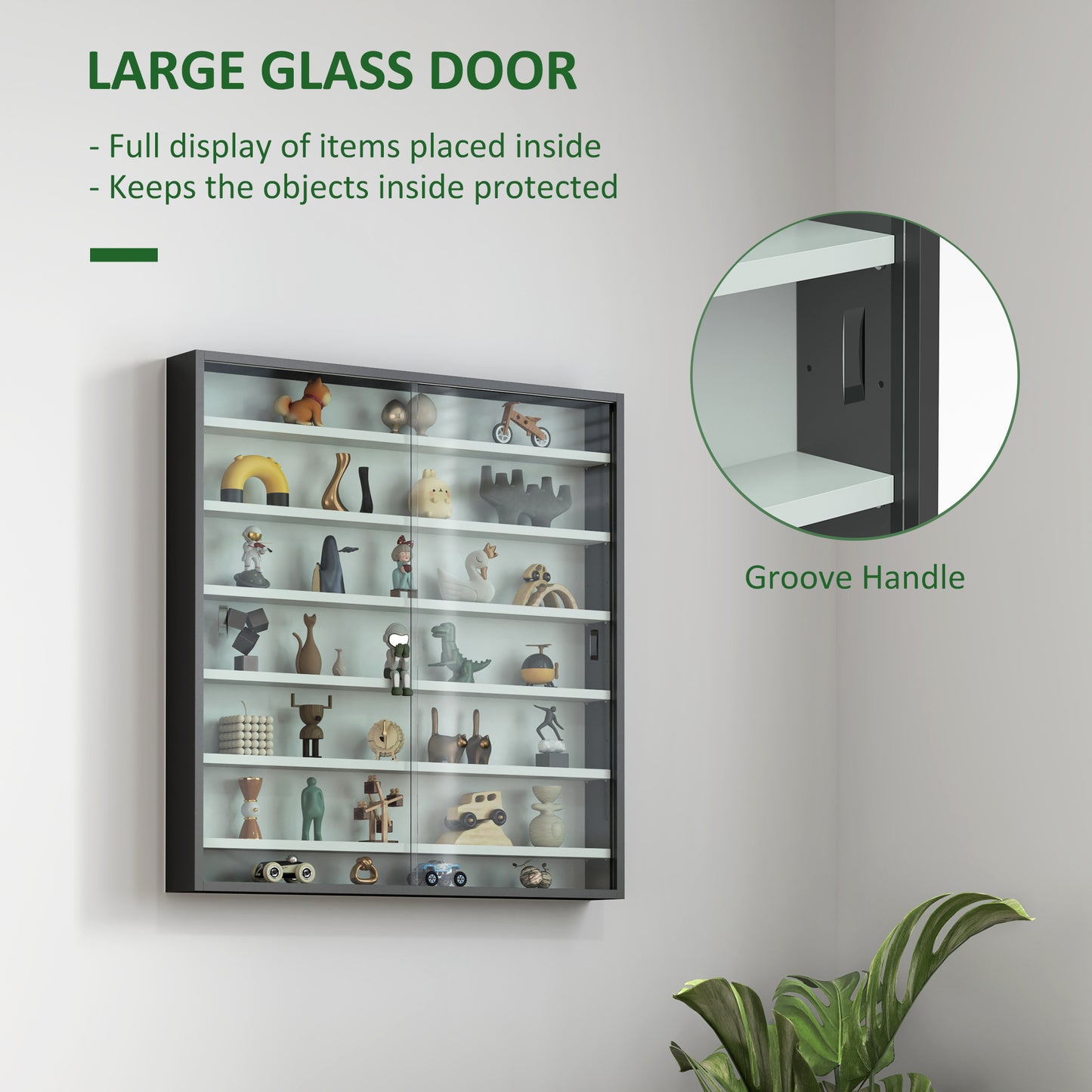 7-Tier Wall Display Cabinet w/ Shelves Glass Doors, Black and White