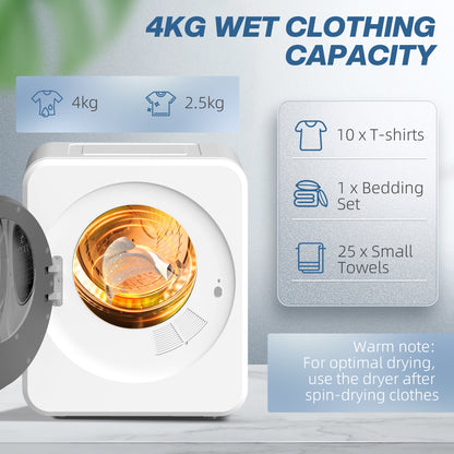 800W Compact Dryer Machine, 4kg Small Vented Tumble Dryer, White