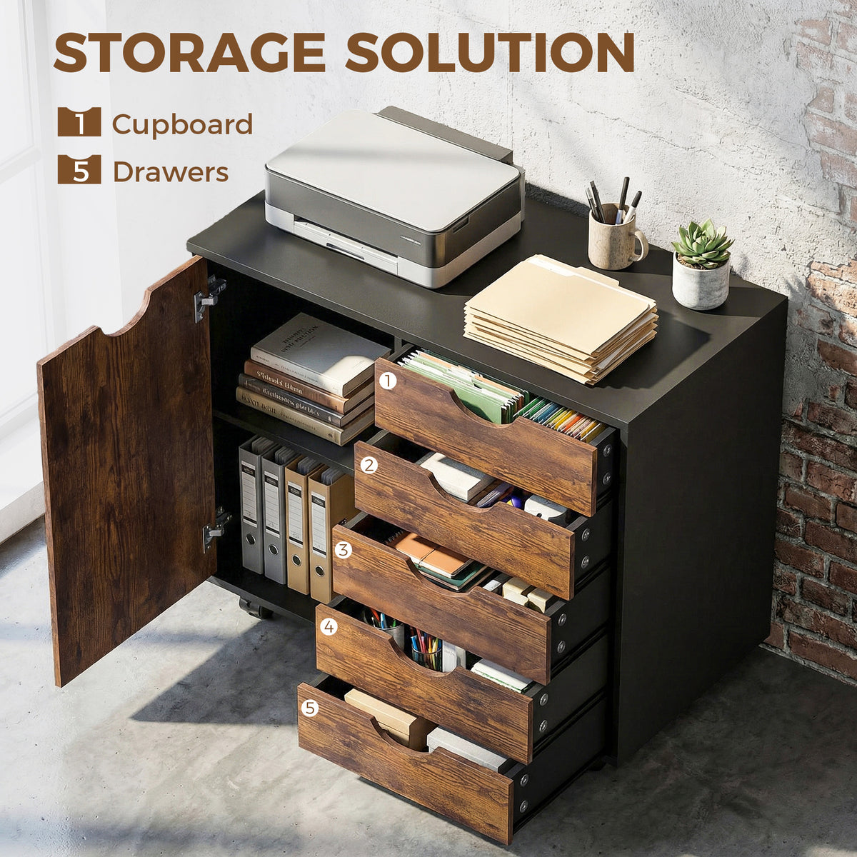 Modern Mobile 5-Drawer Cabinet w/ Door, Office Storage Cabinet