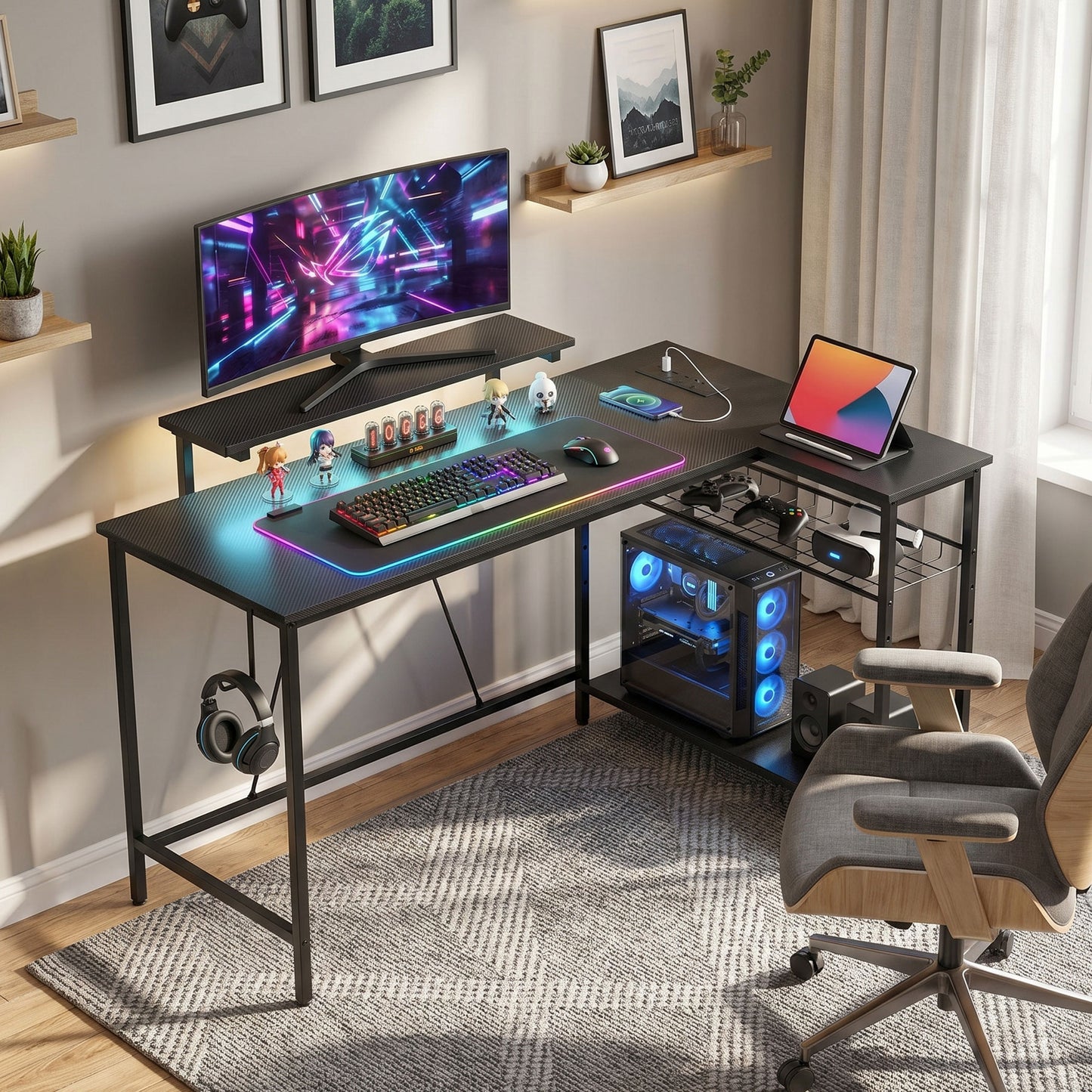 L Shaped Desk with LED Lights and Storage, Black