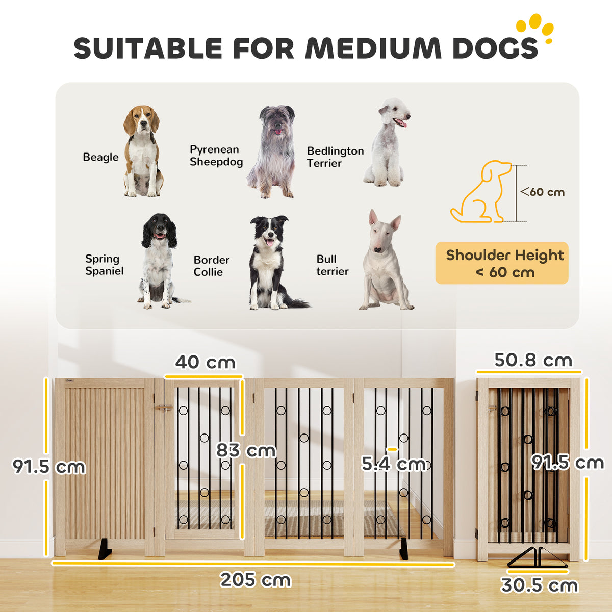 4 Panel Freestanding Pet Gate Foldable with Door for Stairs, Doorway