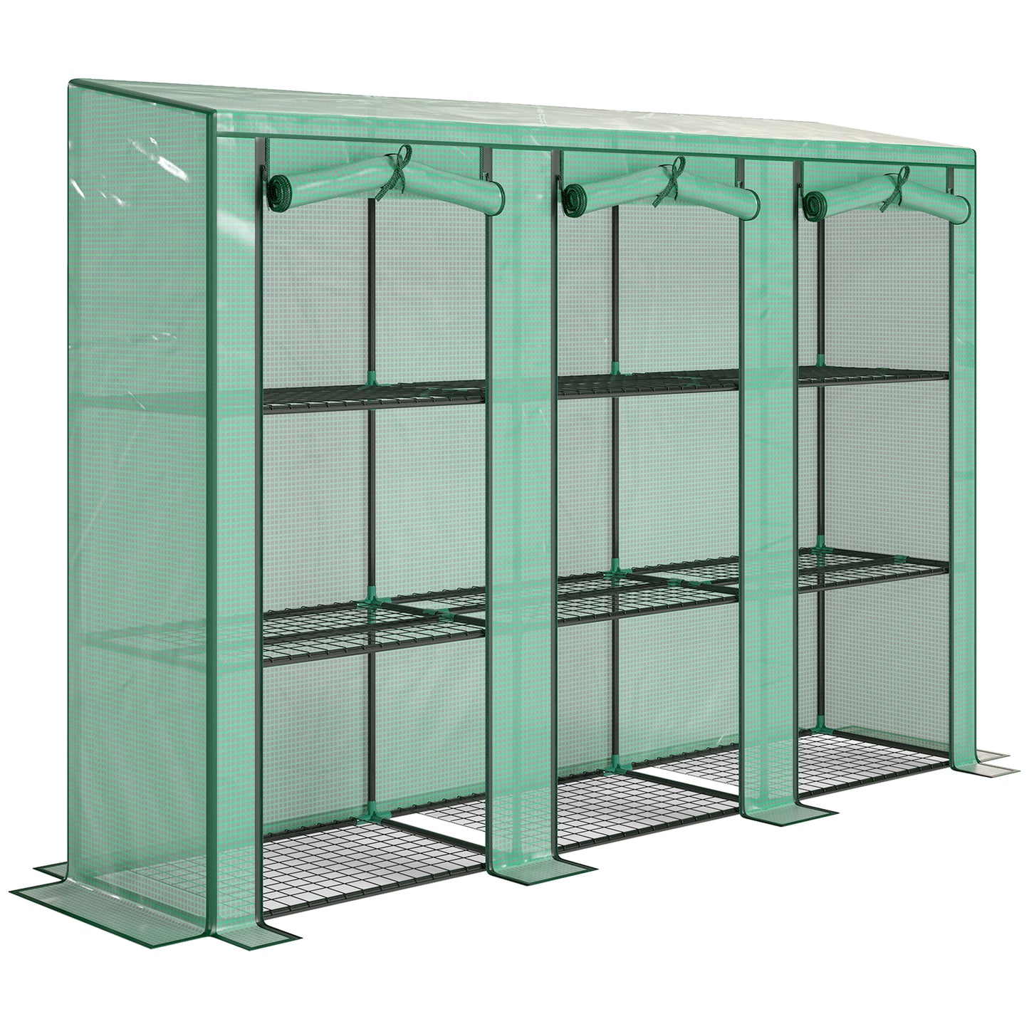3 Tier Lean-to Mini Greenhouse with Reinforced PE Cover, Portable Indoor Outdoor Green House with 3 Roll-up Doors and 9 Wire Shelves, 151H x 215W x 46D cm, Green