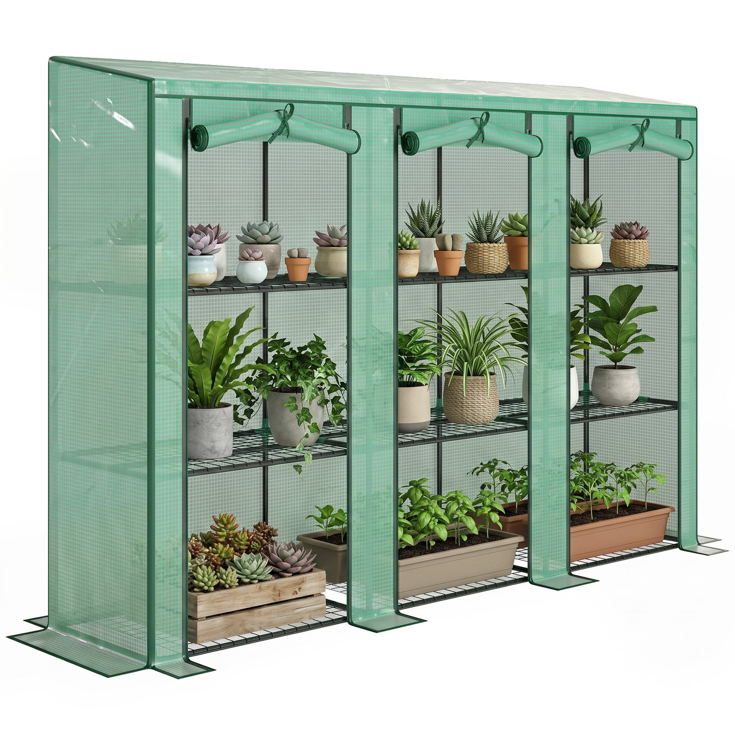 3 Tier Lean-to Mini Greenhouse with Reinforced PE Cover, Portable Indoor Outdoor Green House with 3 Roll-up Doors and 9 Wire Shelves, 151H x 215W x 46D cm, Green