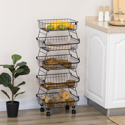 5 Tier Storage Trolley Cart Vegetable Rack with Wheels for Kitchen