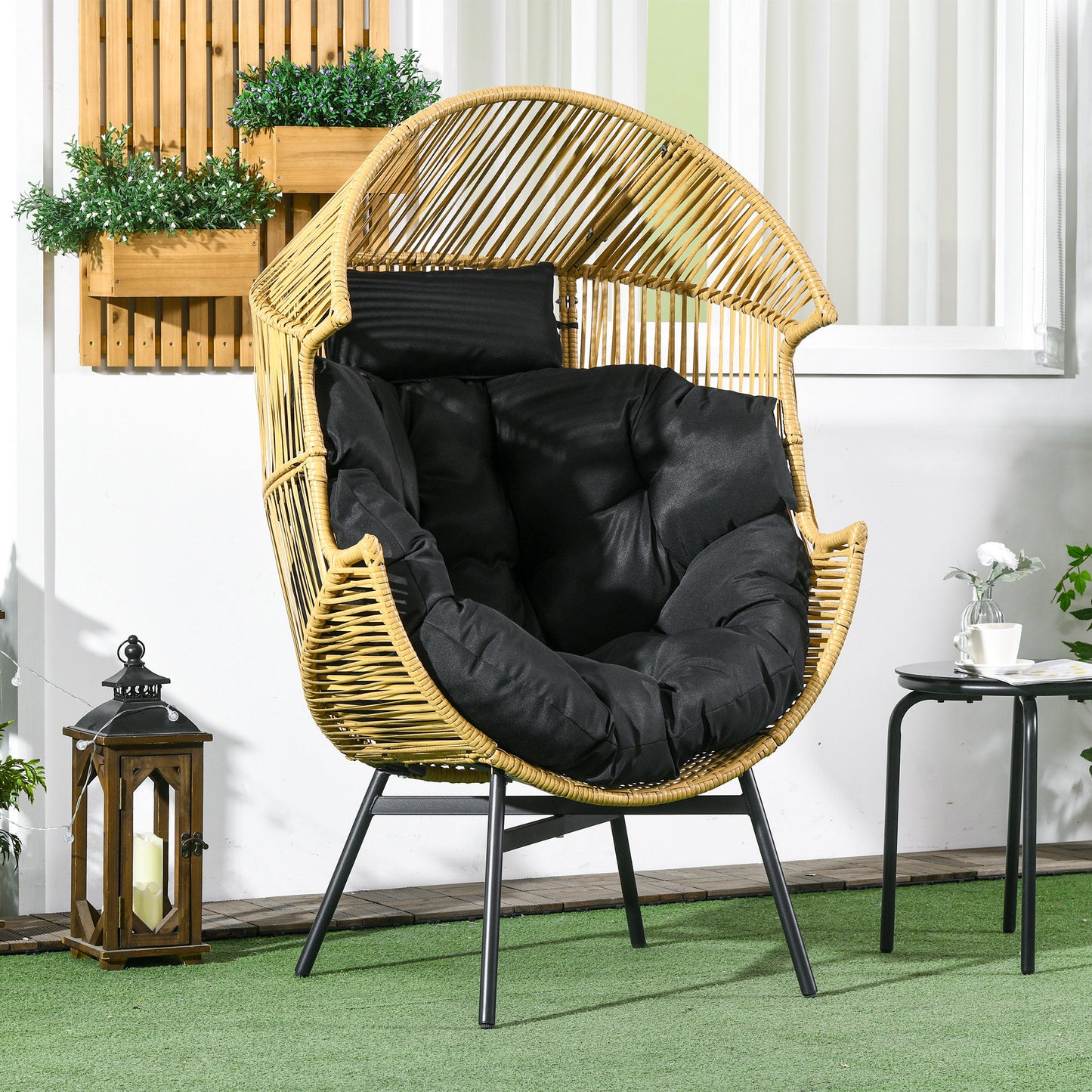 Rattan Leisure Chair w/ Cushion, Garden Egg Chair with Headrest, Sand
