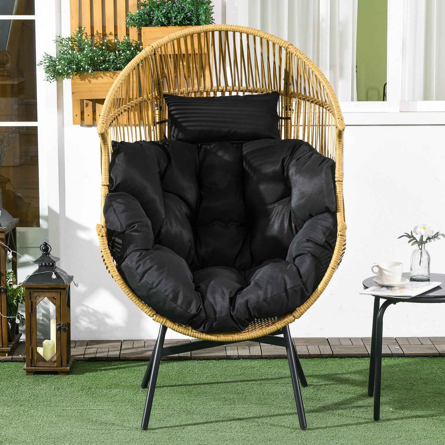 Rattan Leisure Chair w/ Cushion, Garden Egg Chair with Headrest, Sand