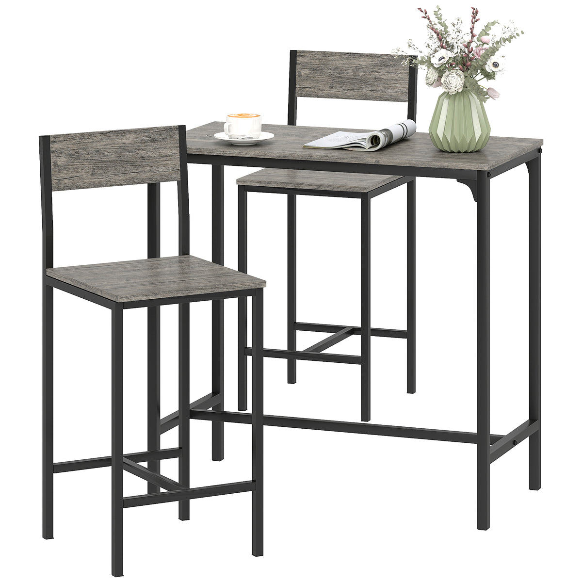 Bar Table and Stools Set, Kitchen Table and 2 Chairs with Backrest, Footrest