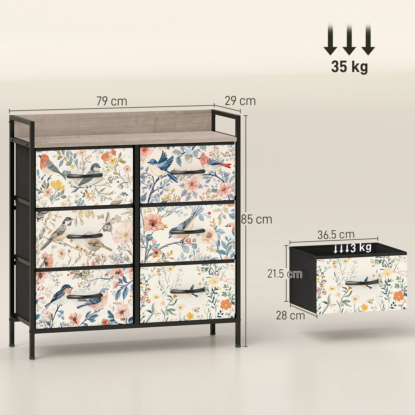 6-Drawer Chest of Drawers, Fabric Dresser, White