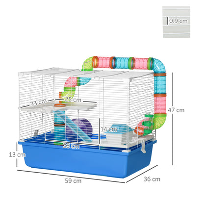 Hamster Cage with Tubes Tunnel 3 Level Rodent House with Exercise Wheel, Water Bottle, Food Dish, Ramp, Hut 59 x 36 x 47 cm- Blue