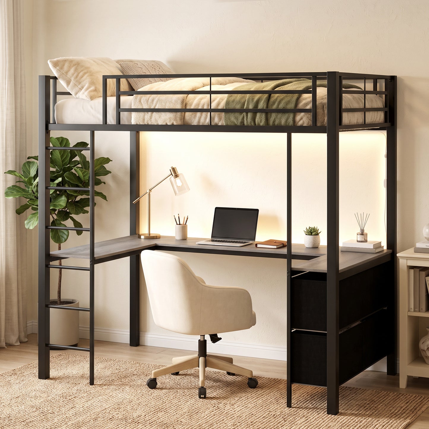 Metal Bunk Bed with Desk, High Sleeper with LED Light and Safety Guardrail