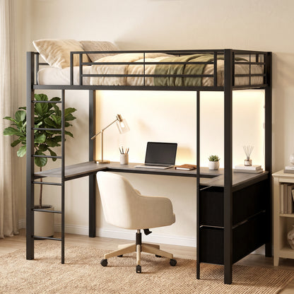 Metal Bunk Bed with Desk, High Sleeper with LED Light and Safety Guardrail