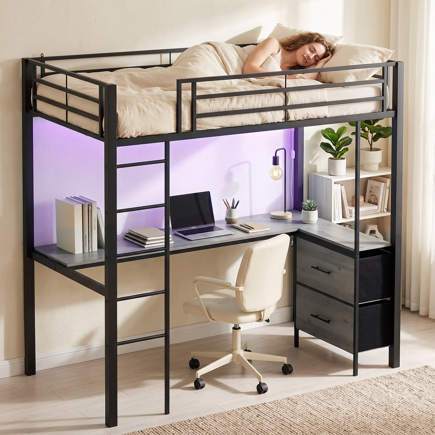 Metal Bunk Bed with Desk, High Sleeper with LED Light and Safety Guardrail