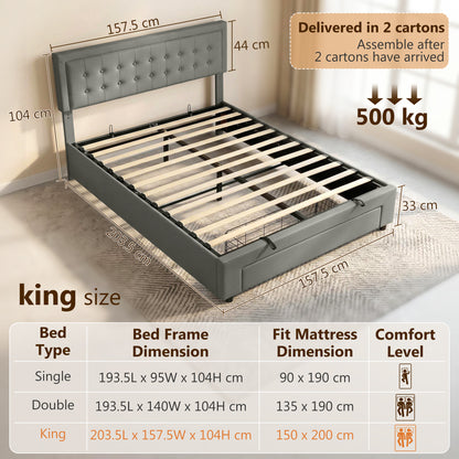 PU Leather King Bed Frame with Storage and Adjustable Headboard, Grey