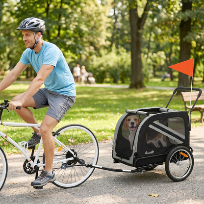 Dog Bike Trailer, 2 in 1 Foldable Pet Stroller Security Harness, Reflectors, Quick Release Wheels, Flag, for Medium Dogs, 134L x 60W x 101H cm, Grey
