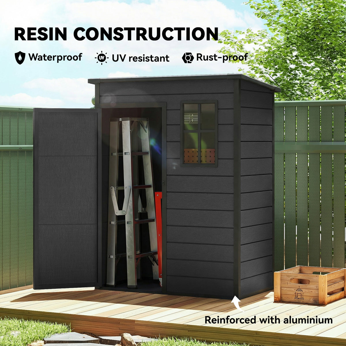 5' x 3' Garden Shed w/ Floor, Lockable Door, Window and Vent, Dark Grey