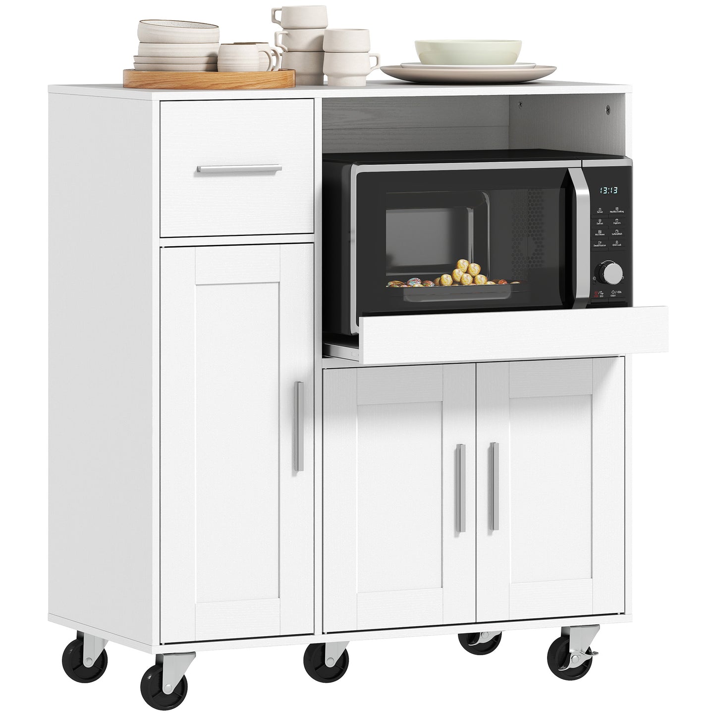 Rolling Kitchen Cart, Microwave Cabinet, Sliding Tray, Drawer, 3-Door Cupboards, Adjustable Shelf, Open Compartment, Kitchen Island, Dining Room, White