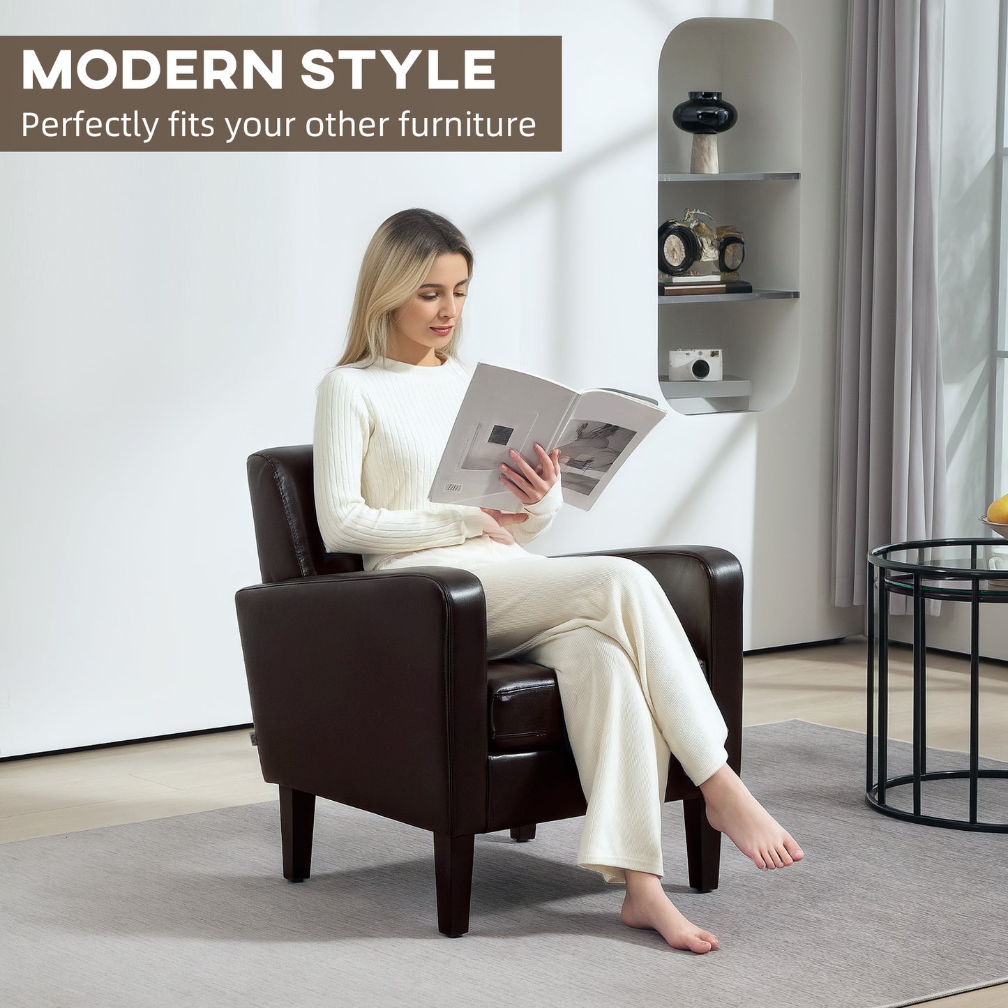 Armchair Accent Chair with Eucalyptus Wood Legs for Bedroom Brown