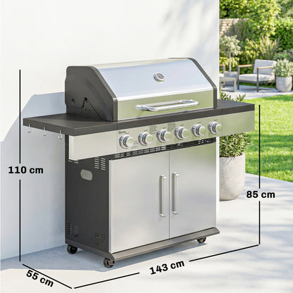 6 Burner Liquid Propane Gas BBQ Grill, Portable Gas Barbecue Grill