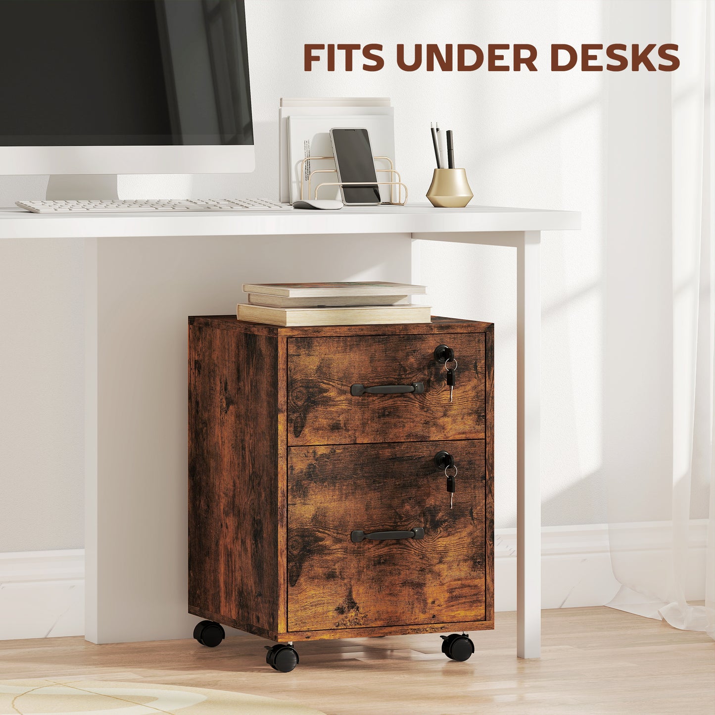 Roll File Cabinet with Drawer, Organiser Letter Size, Rustic Brown
