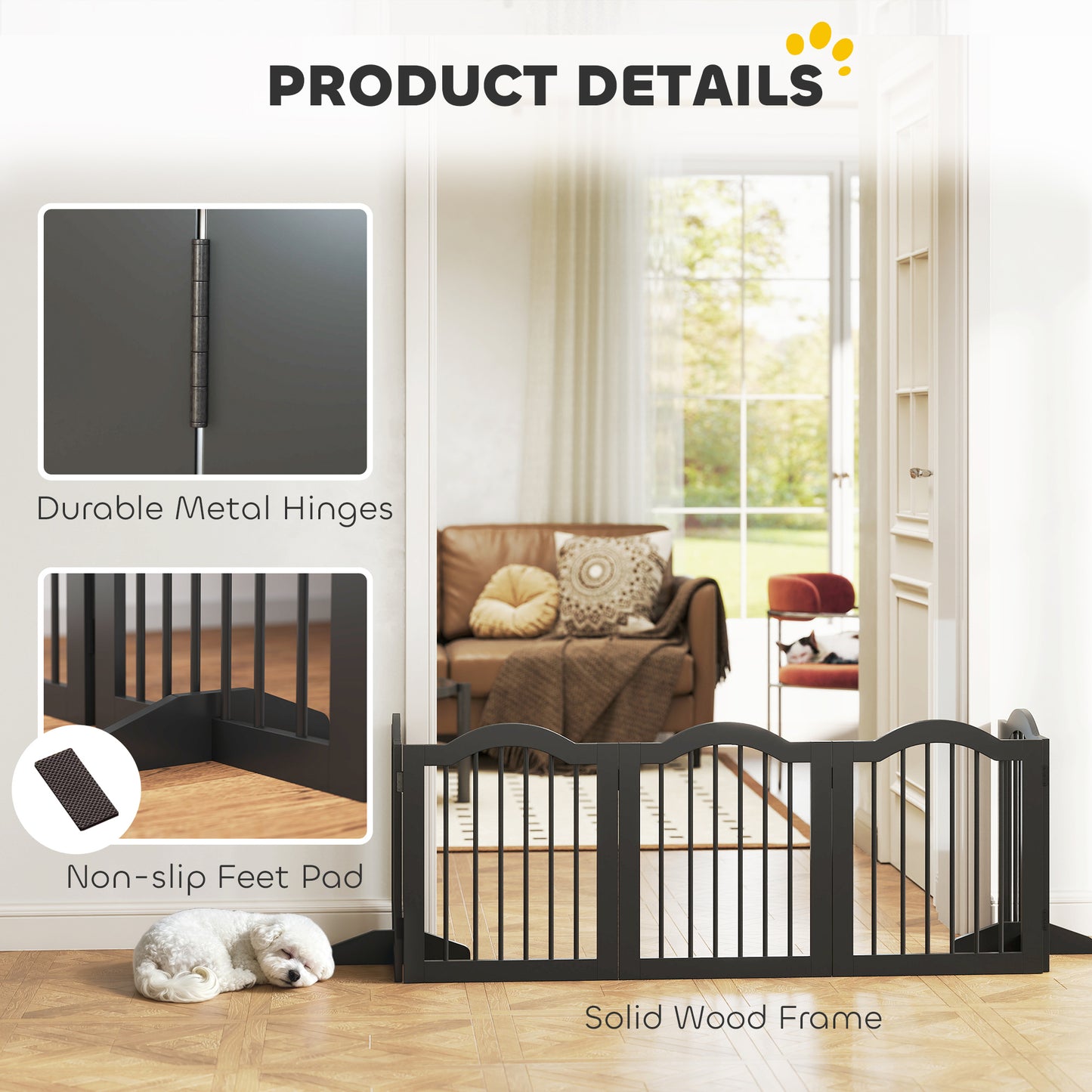 Freestanding Pet Gate Wooden Dog Gate with Support Feet Foldable Pet Fence Safety Barrier for the House Doorway Stairs Black