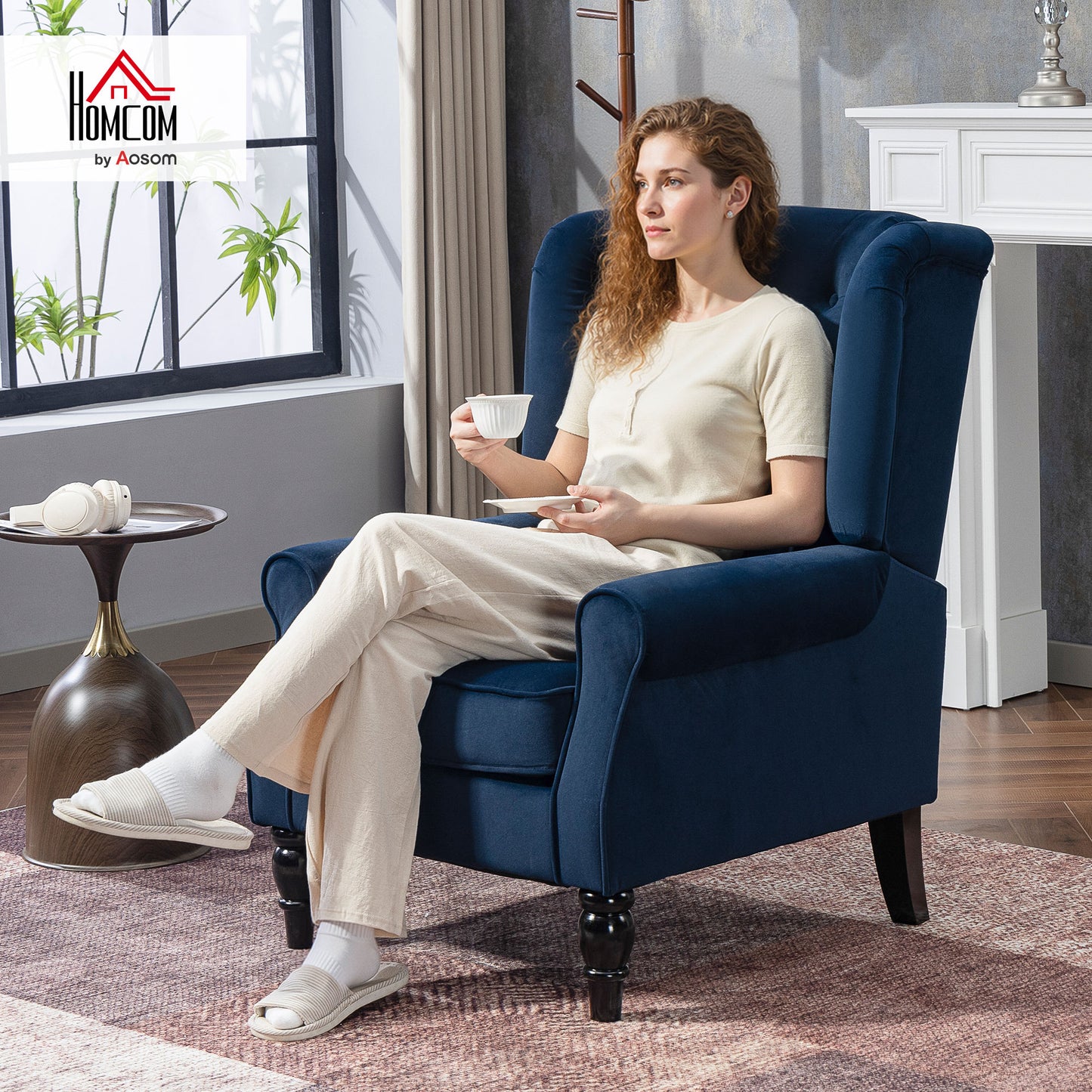 Accent Armchair Home Furniture Retro Tufted Club Fabric Dark Blue