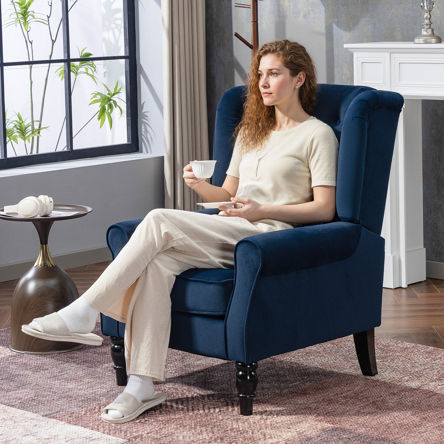 Accent Armchair Home Furniture Retro Tufted Club Fabric Dark Blue