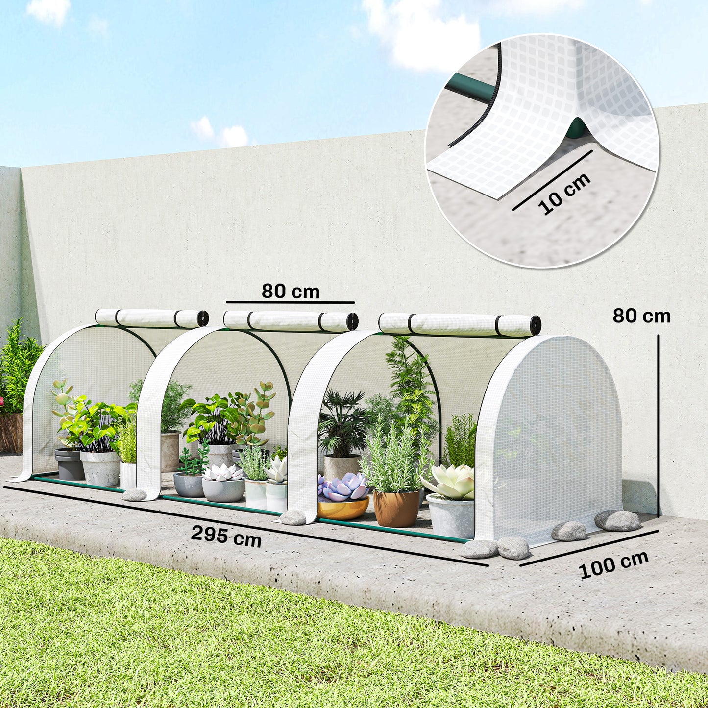 PE Tunnel Greenhouse, Green Grow House with Steel Frame and Zipper Doors for Garden, 295 x 100 x 80cm, White